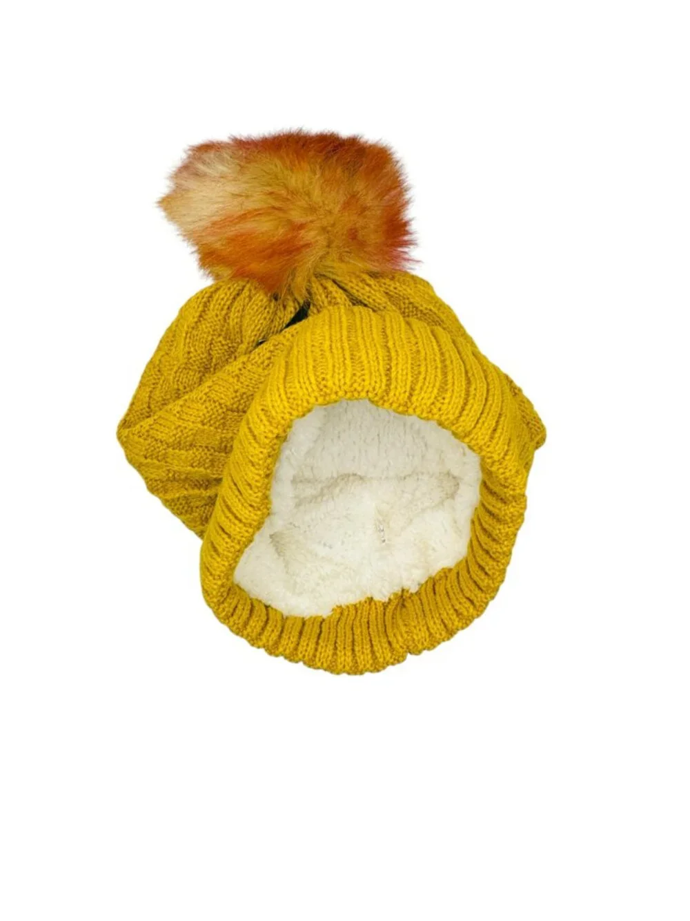Yellow Cable-Knit Pom-Pom Beanie Hat With Faux Fur & Soft Lining By BY:KY